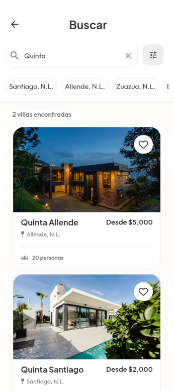 Pantalla de búsqueda de estancias en Villa