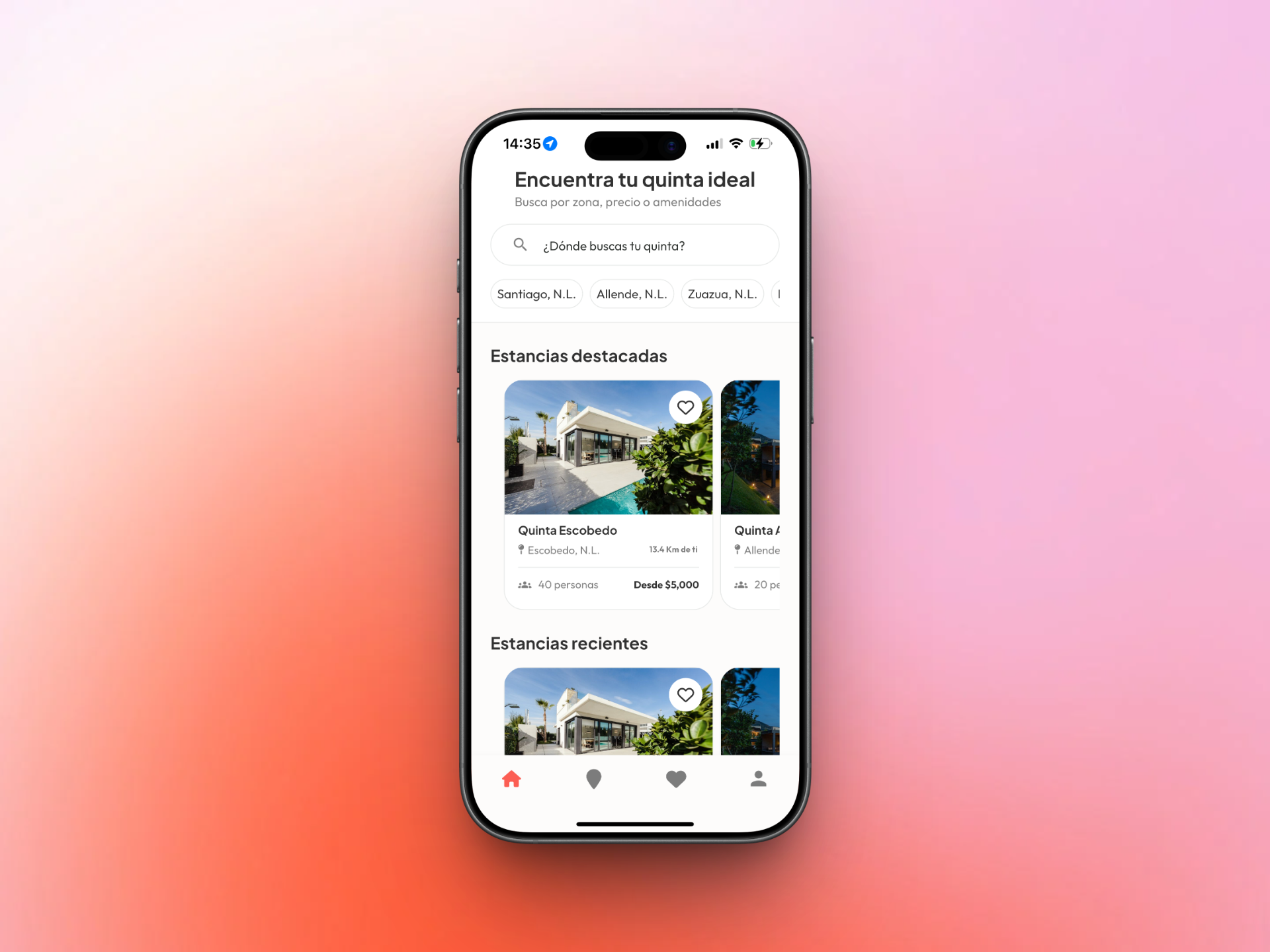Pantalla principal de la app Villa mostrando quintas destacadas
